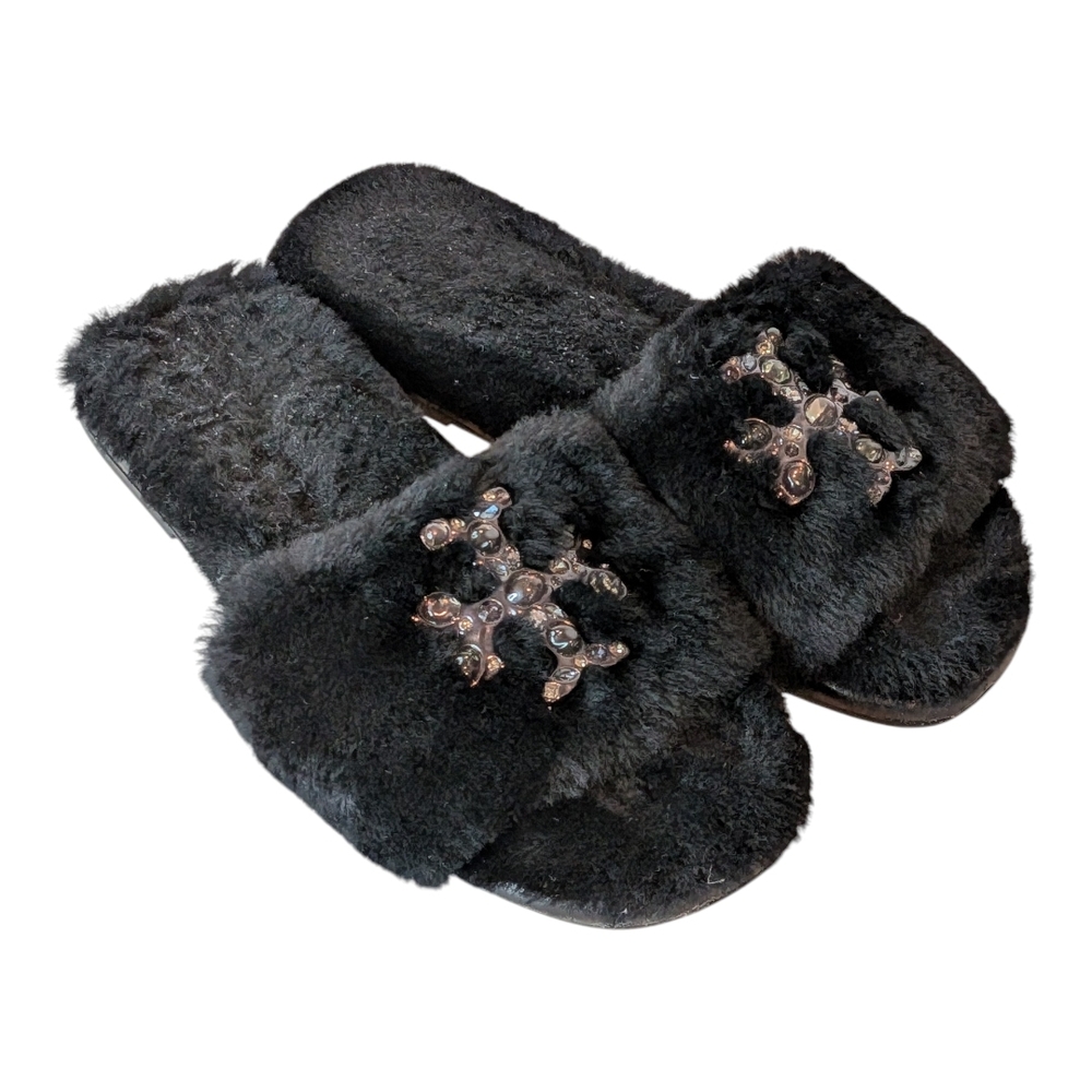 Black Tory Burch Women's Double T Logo Shearling Slide Size 5 Tory Burch Shoes